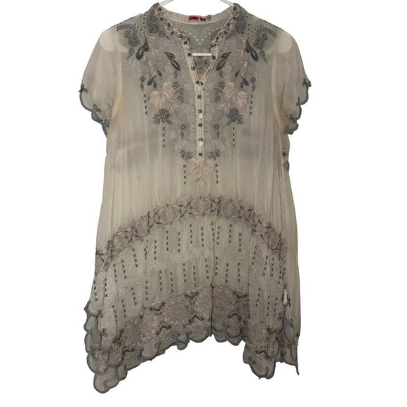 Johnny Was Fletcher Embroidered Flowy Crinkle Cupra Rayon Tunic Top Size XS - Picture 1 of 7